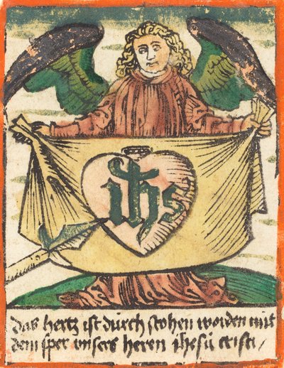 Heilig monogram in een heilig hart op een doek vastgehouden door een engel, ca. 1480 door Unbekannt