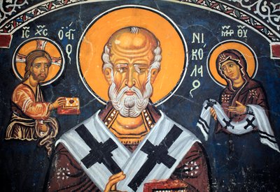 Sint-Nicolaas omringt Christus en Maria Byzantijnse fresco uit de 14e eeuw (1332) door Unbekannt