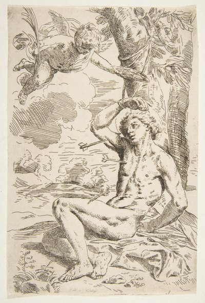 Sint Sebastiaan doorboord met pijlen en vastgebonden aan een boom, kopie naar Cantarini, ca. 1639 of later door Unbekannt