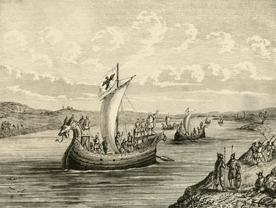 Scandinavische schepen die een rivier opvaren, 1890 door Unbekannt