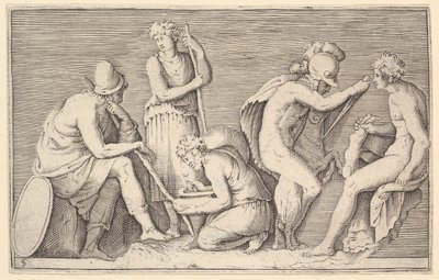 Offeringscène met krijger die ram doodt en vier andere figuren door Unbekannt