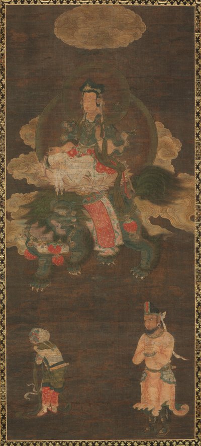 Shakyamuni Triade: Boeddha bijgestaan door Manjushri en Samantabhadra Bodhisattva met Leeuw, late 1300s door Unbekannt