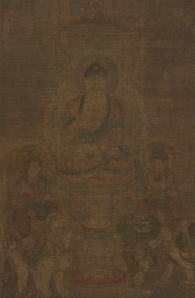Shakyamuni Triade: Boeddha bijgestaan door Manjushri en Samantabhadra, ca. 900 door Unbekannt