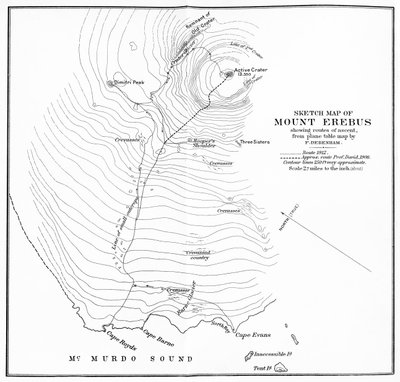 Schetskaart van Mount Erebus met beklimmingsroutes, ca. 1912, 1913 door Unbekannt
