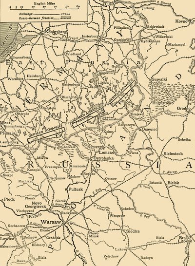 Schetskaart om de Duitse aanval ten noorden van Warschau in februari 1915 te illustreren, ca. 1920 door Unbekannt