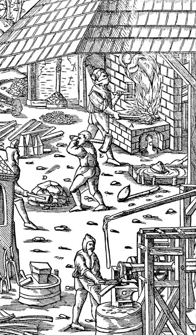 Ijzer smelten en staven hameren met een mechanische hamer door Unbekannt