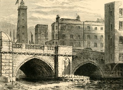 Zuidkant van de oude London Bridge, met Shot Tower en St. Olaves Church door Unbekannt