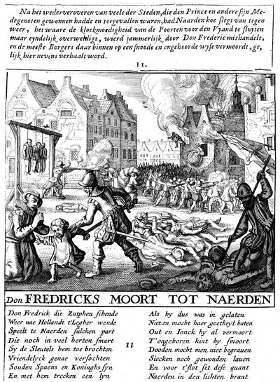 Spaanse troepen steken gebouwen in brand en plegen bloedbaden tijdens Spaanse overheersing in Nederland, 1567-73 door Unbekannt