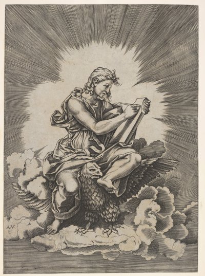 St. Johannes, zittend en een schrijfinstrument houdend naar een tablet, een adelaar met uitgespre..., na 1518 door Unbekannt