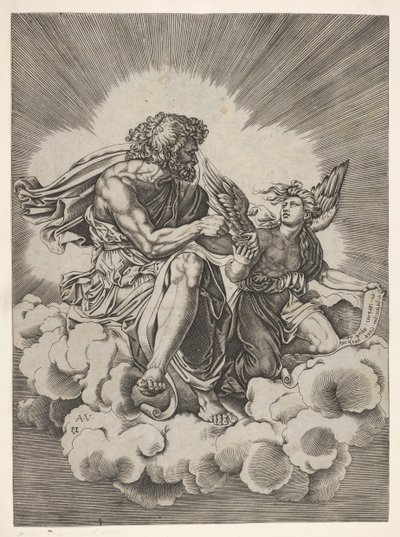 Sint Mattheüs, zittend op een wolk met gekruiste benen en een pen in een inktpot doopend door Unbekannt