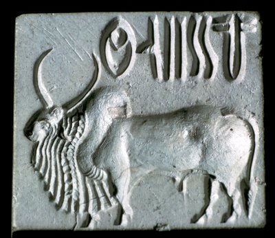 Steatiet zegel met gebochelde stier, Indusvallei, Mohenjo-Daro, 2500 - 2000 v.Chr. door Unbekannt