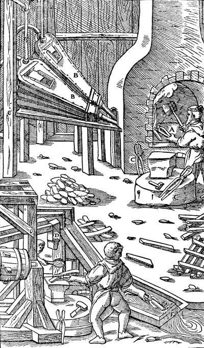 Staalproductie: een smederij met blaasbalgen om trek te produceren, 1556 door Unbekannt
