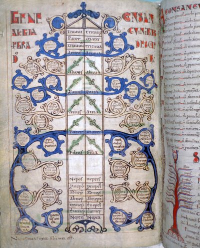 Tabel van de graden van Verwantschap, een pagina uit Liber Floridus, 12e eeuw door Unbekannt