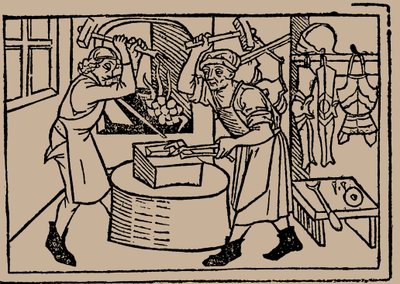 De kunst van het smeden. Uit Speculum Vitae Humanae door Rodericus Zamorensis, 1479 door Unbekannt