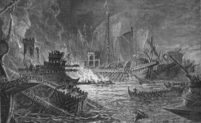 De Slag bij Actium, waar Augustus Antonius en Cleopatra versloeg, 31 v.Chr. 1908 door Unbekannt