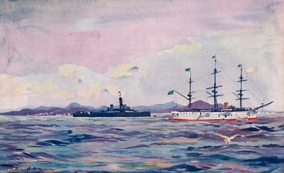 De Benjamin Constant trainingskruiser en de dreadnought Minas Geraes in de haven van Rio, 1914 door Unbekannt