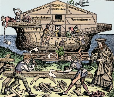 De bouw van de ark onder toezicht van Noach door Unbekannt