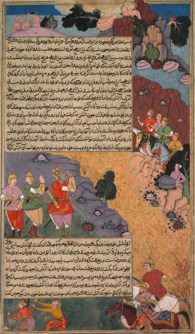 Het eerste avontuur van het witte paard, pagina uit de Khan Khanans Razm Nama..., c. 1610-17 door Unbekannt