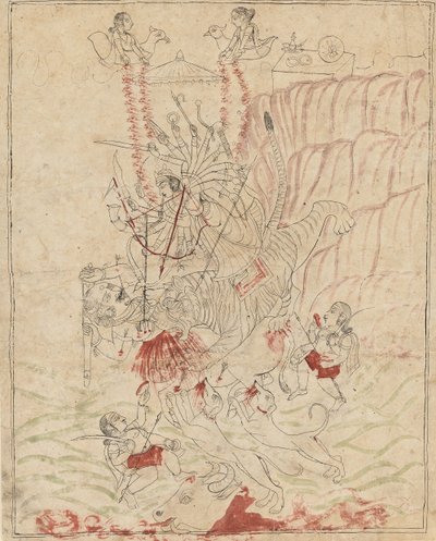De godin Durga die de buffeldemon doodt, Mahisha Mahishasura Mardini, ca. 1760 door Unbekannt