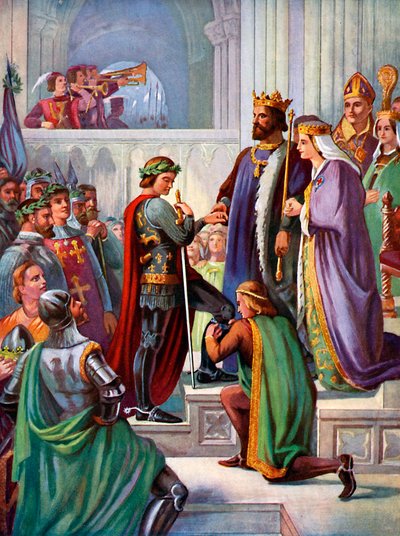 De investituur van de Zwarte Prins als Ridder van de Kousenband, 1348, c1920 door Unbekannt