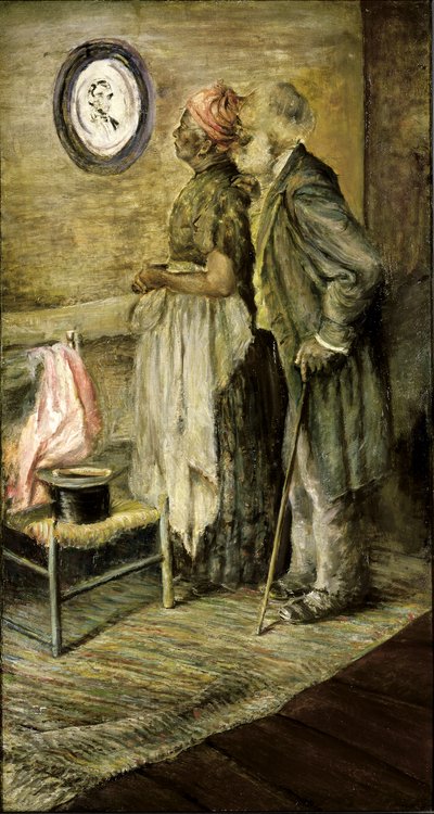 Het Oude Paar Kijkt naar een Portret van Lincoln door Unbekannt