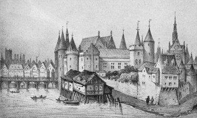 De Pont aux Meuniers en een deel van het Palais du Roi de la Cité in 1556, 1915 door Unbekannt