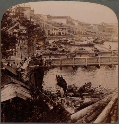 Het centrum van het verkeer - Singapore River en Kavanagh Bridge, vanaf het landmeterskantoor, Singapore, 19de eeuw door Unbekannt