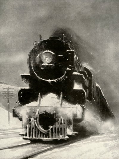 De woede van de sneeuwstorm maakt geen indruk op deze mammoetlocomotief, 1935 door Unbekannt