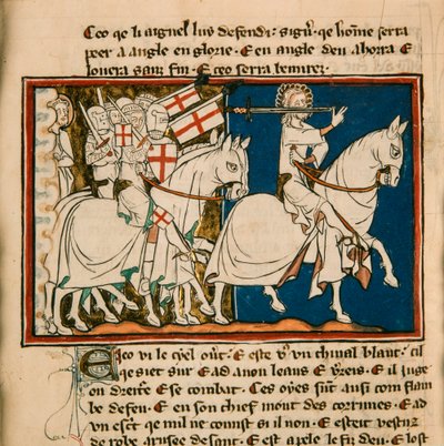 De grote koning op een wit paard. Miniatuur uit: Apocalypse de saint Jean, ca 1320 door Unbekannt