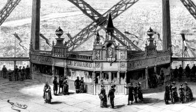 Het paviljoen van de Figaro, op de tweede verdieping van de Eiffeltoren, Parijs, 1889 door Unbekannt