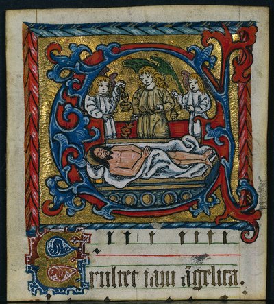 Drie Uitsnijdingen uit een Missaal: Initiaal E met de Engelen van de Graflegging, ca. 1470-1500 door Unbekannt