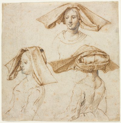 Drie Studies van een Vrouw met een Uitgebreide Hoofdbedekking, ca. 1500 door Unbekannt