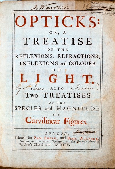 Titelpagina van Opticks door Engelse wetenschapper en wiskundige Isaac Newton, 1794 door Unbekannt