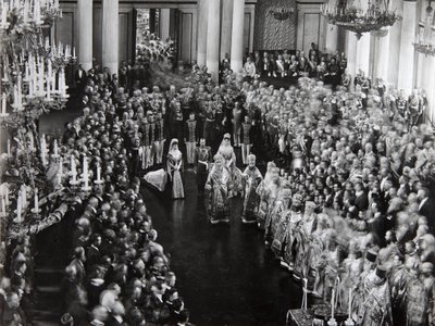 Tsaar Nicolaas II bij de openingsceremonie van de eerste Doema, St. Petersburg, Rusland, 1906 door Unbekannt