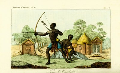 Twee Luanda-mannen van Cancobella, Angola, met bogen en pijlen, voor woningen, hutten, heilige fetisjaltaren, enz. door Unbekannt