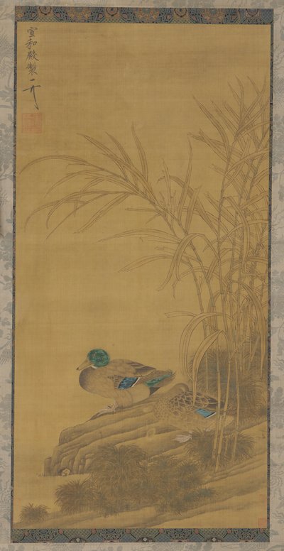 Twee eenden tussen riet aan de waterkant, Ming of Qing-dynastie, 15e-18e eeuw door Unbekannt