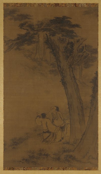 Twee figuren op een heuvel onder bomen, Ming- of Qing-dynastie, 17e eeuw door Unbekannt