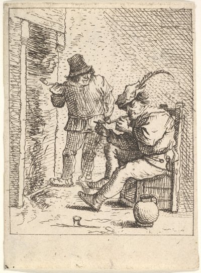 Twee mannelijke boeren met pijpen voor een open haard, een zittend met de pijp..., na 1625-90 door Unbekannt