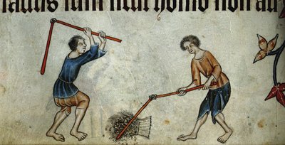 Twee mannen dorsen schoven Uit de Luttrell Psalter, ca 1330 door Unbekannt