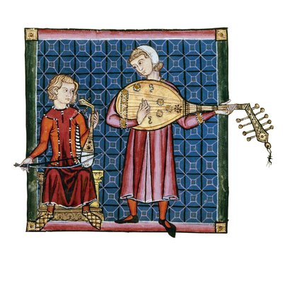 Twee minstrelen. Illustratie uit het codex van de Cantigas de Santa Maria, ca. 1280 door Unbekannt