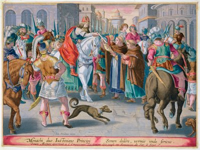 Twee monniken presenteren zijderupsen gesmokkeld uit China aan de Byzantijnse keizer Justinianus, 6e eeuw door Unbekannt