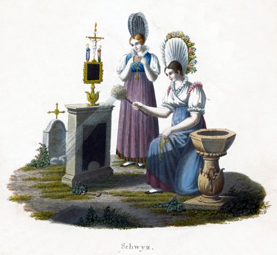 Twee vrouwen voor een grafsteen op een kerkhof, ca. 1800 door Unbekannt