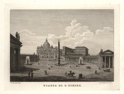 Uitzicht op het Sint-Pietersplein, Piazza di S. Pietro, met de Sint-Pietersbasiliek en oude Egyptische obelisk door Unbekannt