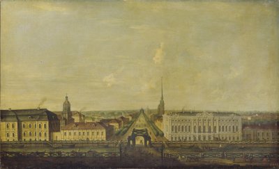 Zicht op de Nevsky Prospekt vanaf de Politiebrug met het Stroganov Paleis, tweede helft van de 18e eeuw door Unbekannt