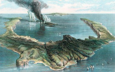 Vulkaan op het eiland Thera Santorini in uitbarsting, 1866 door Unbekannt