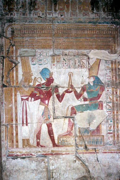 Muurschildering van Sethos I voor Horus, Tempel van Sethos I, Abydos, Egypte, 19e Dynastie, ca. 1280 v.Chr. door Unbekannt