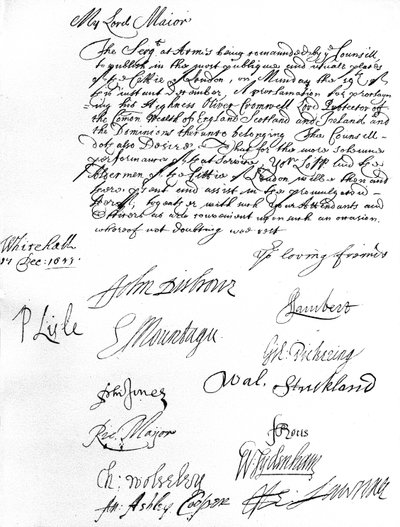 Bevel van de Staatsraad aan de Lord Mayor van Londen, waarin hij en de wethouders worden verzocht de proclamatie van Oliver Cromwell als Lord Protector van het Gemenebest van Engeland, Schotland, Ierland & de Dominions op 19 december bij te wonen door Unbekannt