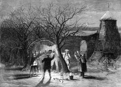 Wassailing appelbomen met hete cider in Devonshire op twaalfde avond, 1861 door Unbekannt