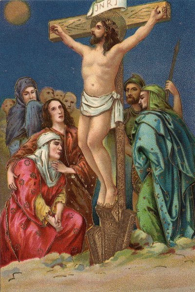 Kruisweg - via crucis - Staties van de Kruisweg: kruisiging, twaalfde statie, Jezus sterft aan het kruis Chromolithografie Privécollectie door Unbekannt