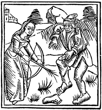 Heks die een man in de voet schiet met een betoverde pijl gemaakt van een hazelnootstok, 1489 door Unbekannt